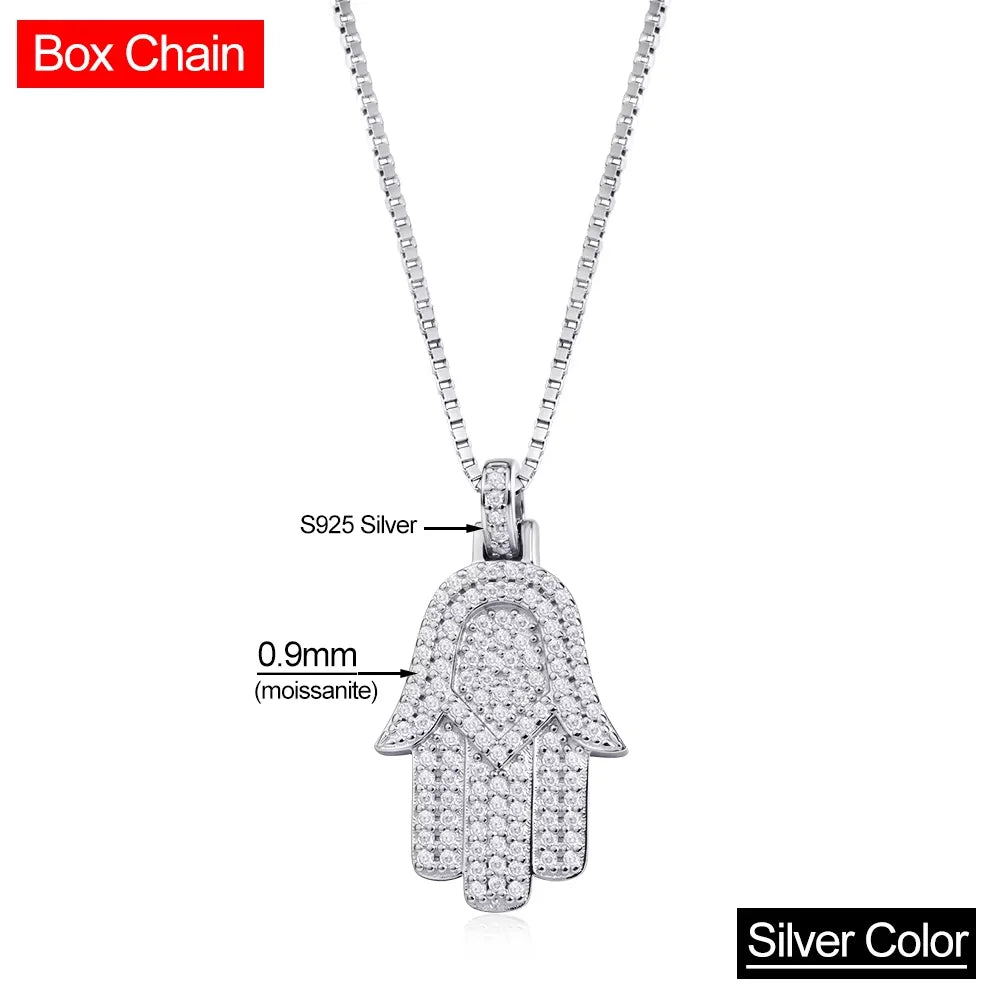 Serenity All Moissanite Necklace for Women Men Gift Hamsa Pendant Neck Chain Pure 925 Silver Hip Hop Jewelry 18K Plated Necklace