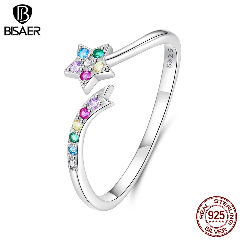 BISAER 925 Sterling Silver Colorful Shooting Star Open Ring Stars Statement Band Adjustable for Women Party Fine Jewelry Gift