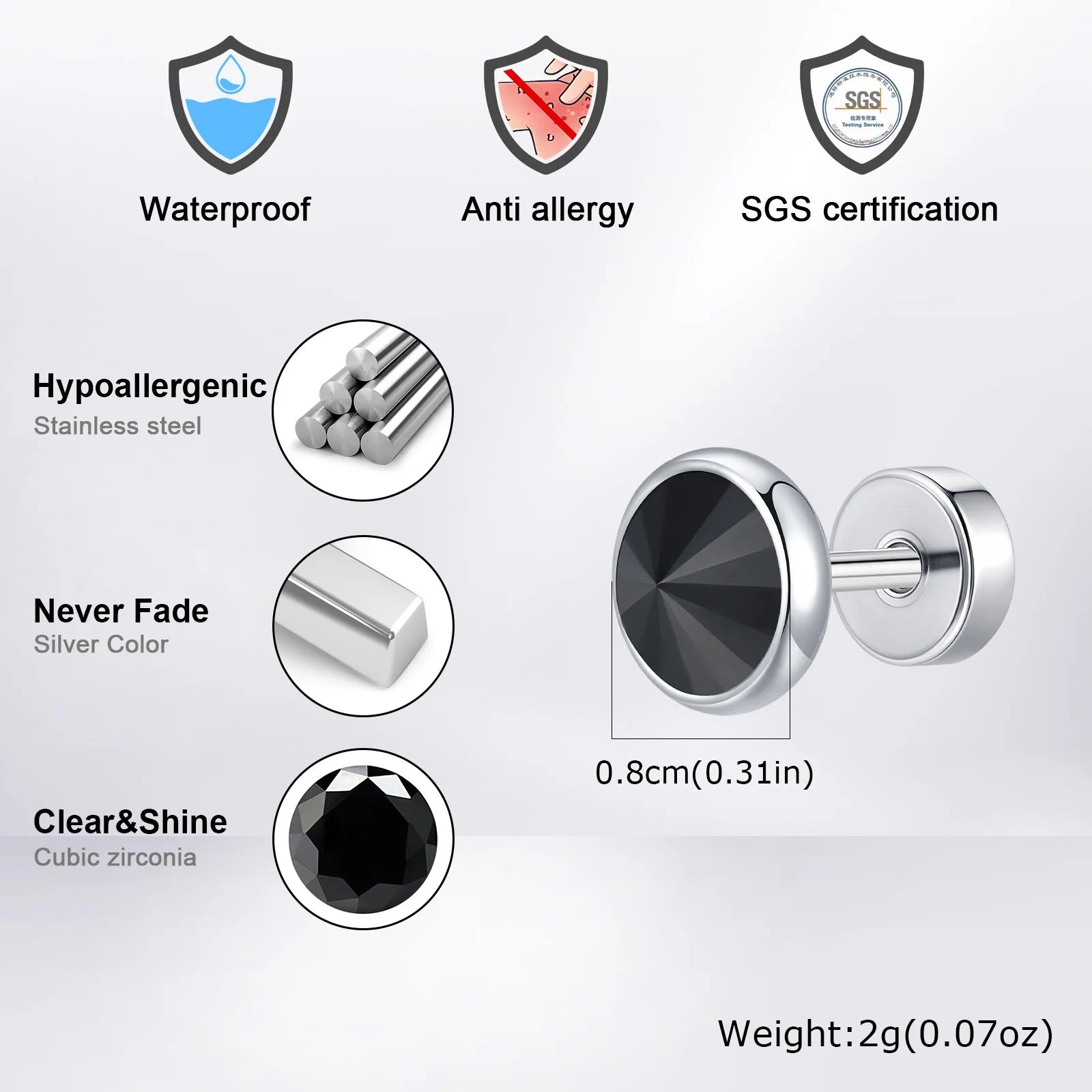 Vnox Multi-faced Cut Zircon Stone Earrings for Men Boys, Screw Back Stud Barbell Shaped Earrings,Black Stainless Steel Jewelry