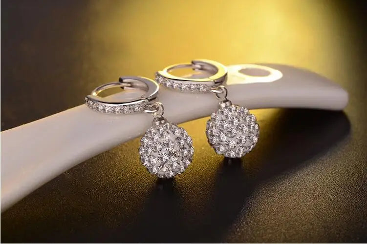 Luxury 925 Sterling Silver 10MM Rhinestone Round Ball Charm Hoop Earrings For Women Wedding Fine Jewelry aretes Creole Huggies