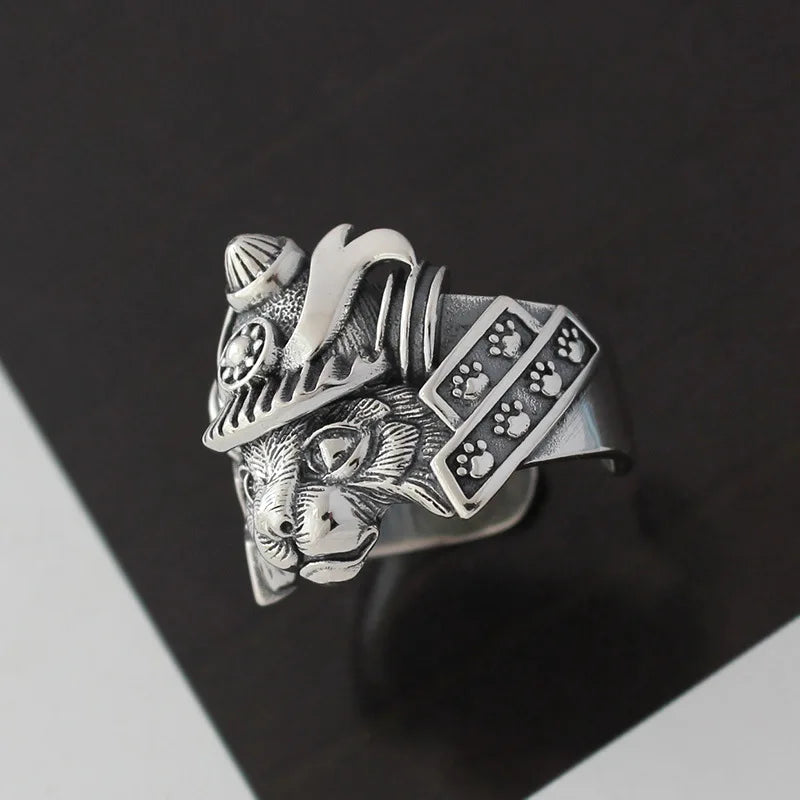 Retro Samurai Cat Ring For Men Silver Color Punk Gothic Adjustable Open Ring Handmade Hiphop Unisex Jewelry Accessories Gift
