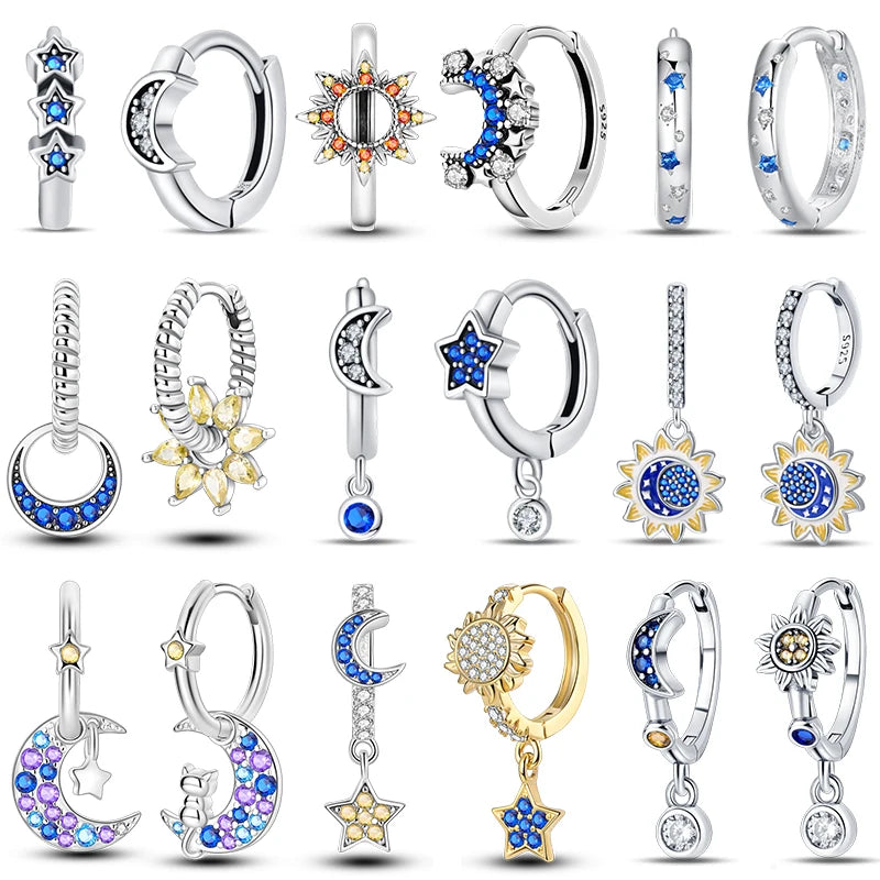 Classic Earrings 925 Silver Zircon Shiny Stars Moon Warm Sun Double Hoop Earrings For Women Original Birthday Party Jewelry Gift