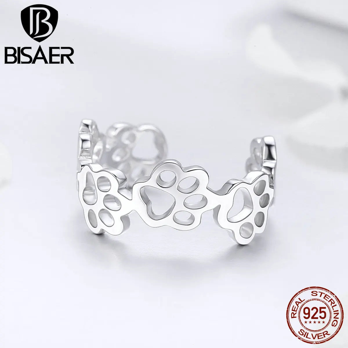 BISAER 925 Sterling Silver Paw Print Open Ring Hollow Pet Paws Band Adjustable Size 5-9 for Women Party Original Fine Jewelry