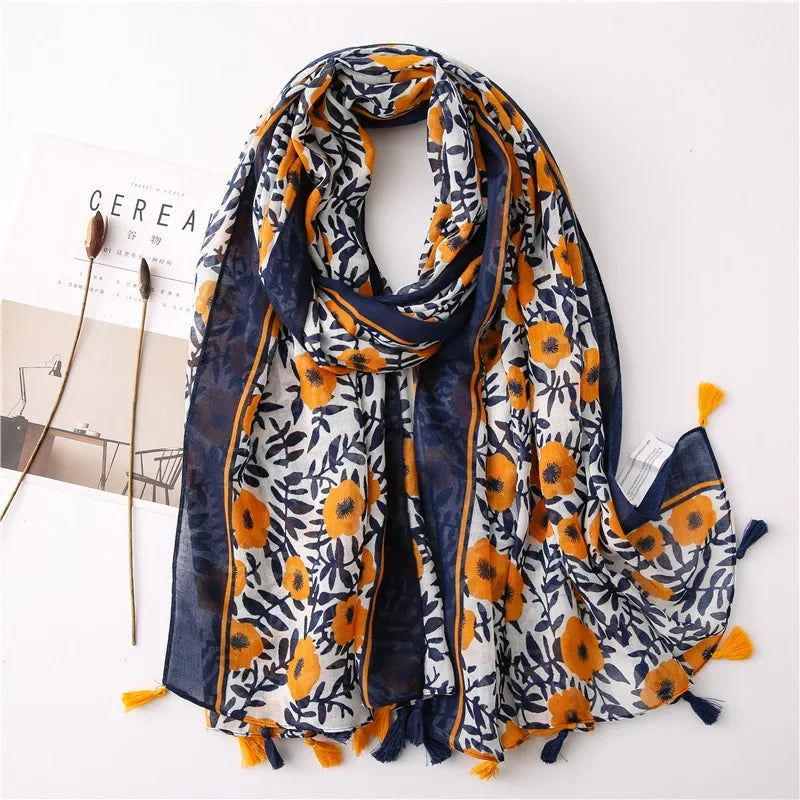 Luxury Bohe Styles Women Viscose Scarf Designer Shawl Tassel Pashmina Muslim Hijabs Wraps Floral Foulard Headband