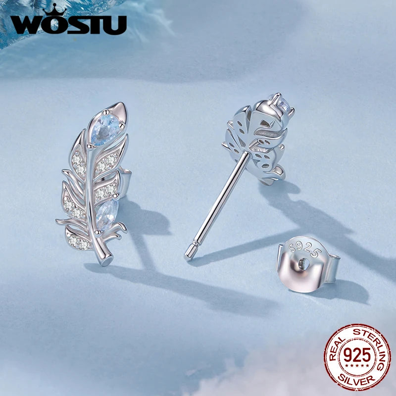 WOSTU 925 Sterling Silver Ice Blue Feather Stud Earrings For Women Winter Xmas Gift, Dainty Bohemian s925 Studs Wedding Jewelr