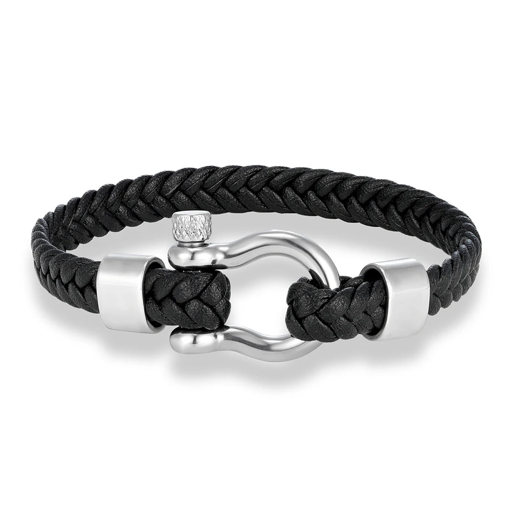 MKENDN Luxury Nautical Shackle Woven Leather Bracelet With Horseshoes Buckle Gift for Him Minimalistic Jewelry