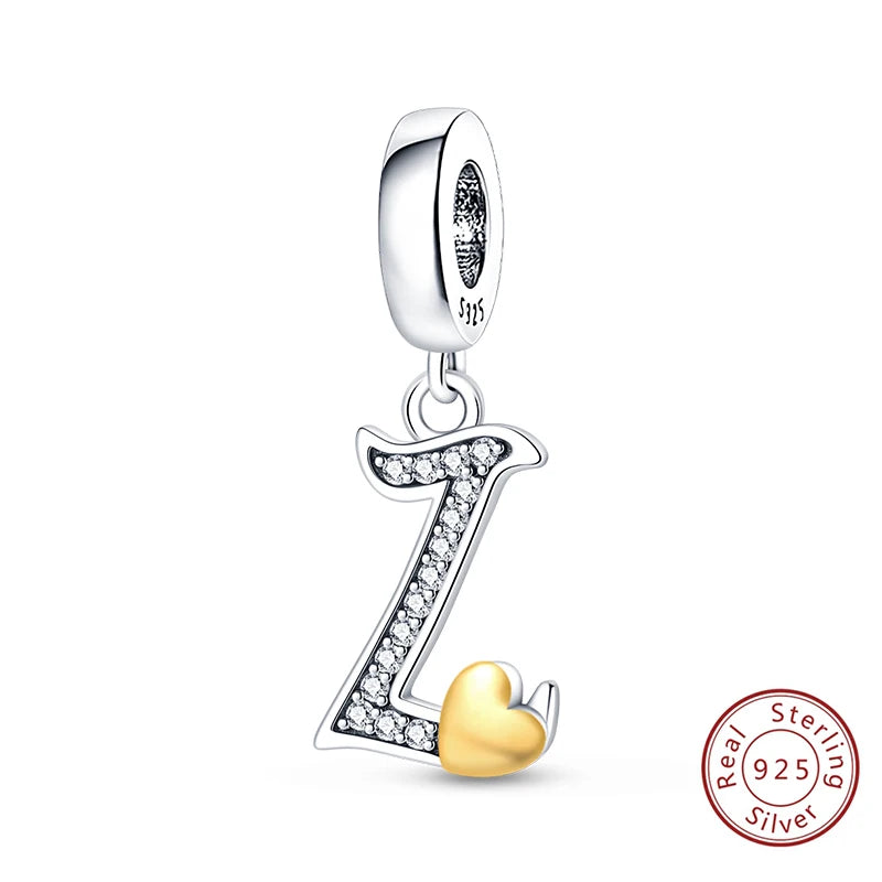 Classic 925 Sterling Silver 26 Gold Color Heart Zircon Letter A-Z Charms Beads Fit Original Bracelets DIY Birthday Jewelry Gift