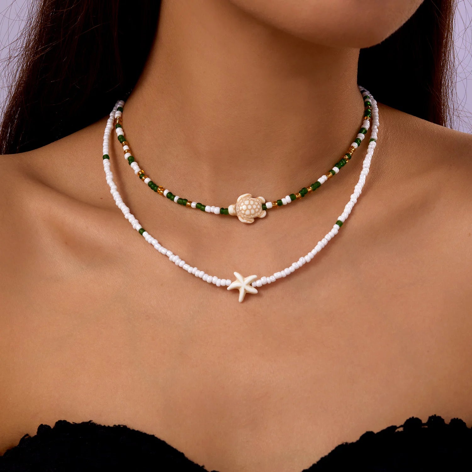 Bohemian Double Beaded Starfish Turtle Pendant Necklace for Women Colorful  Seed Bead Clavicle Chain Choker Beach Party Jewelry