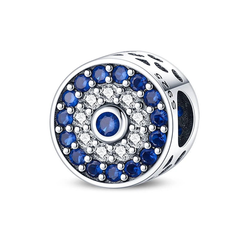 Genuine 925 Silver Evil Eye Blue Zircon Round Lucky Charms Beads Fit Pandach 925 Original Bracelets Fine DIY Birthday Jewelry