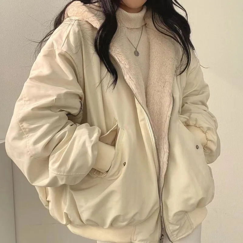 Winter Thicken Warm Parkas Women Oversized Kawaii Double Sided Hooded Coat Ladies Korean Fashion Casual Loose Zip Up Jackets Beige M