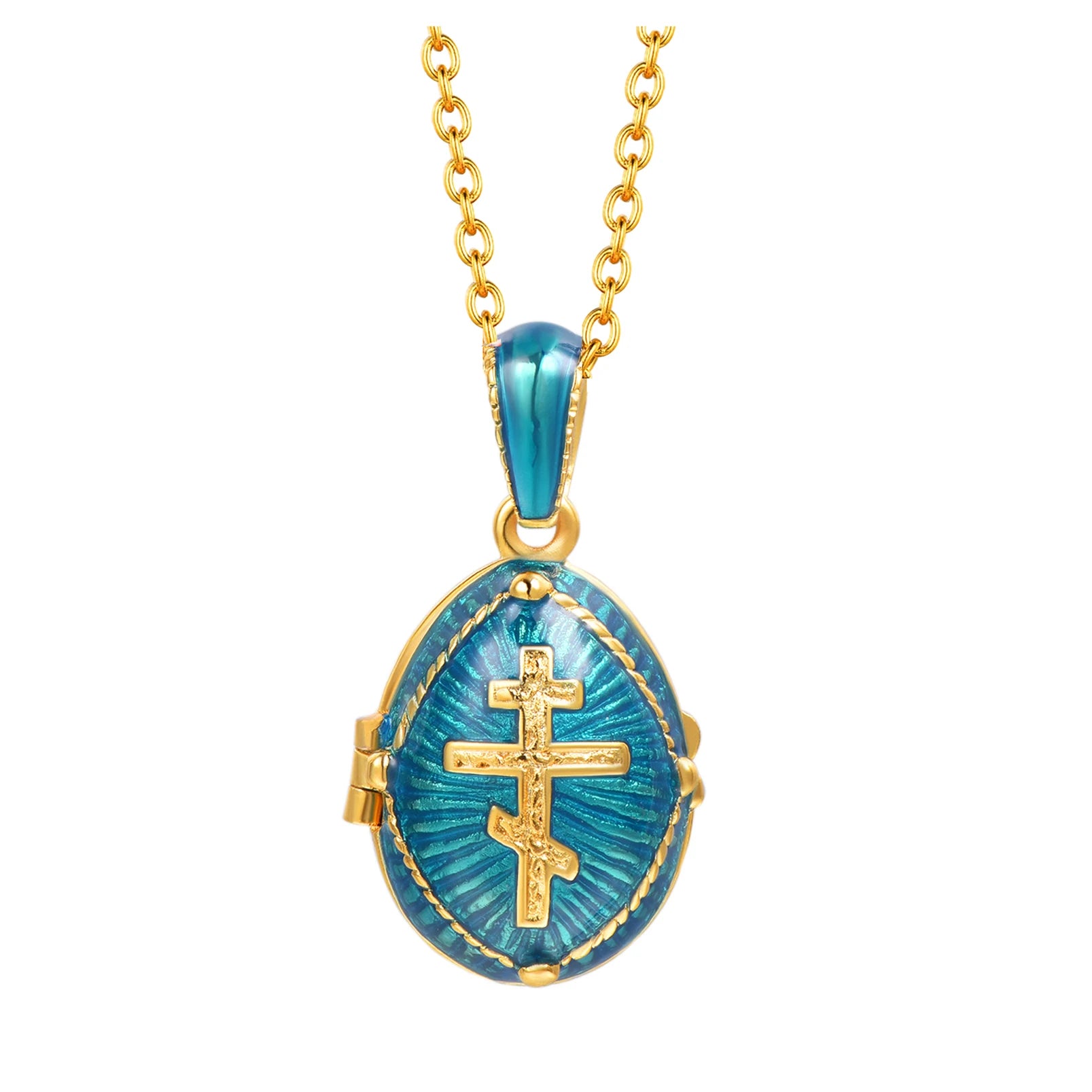 Chainspro Orthodoxe Medaillon-Halsketten mit Kreuz und Ei, oval, für Damen, Anhänger, 45,7 cm Kette, 14 Karat vergoldet, Emaille, Gedenkschmuck für Sie
