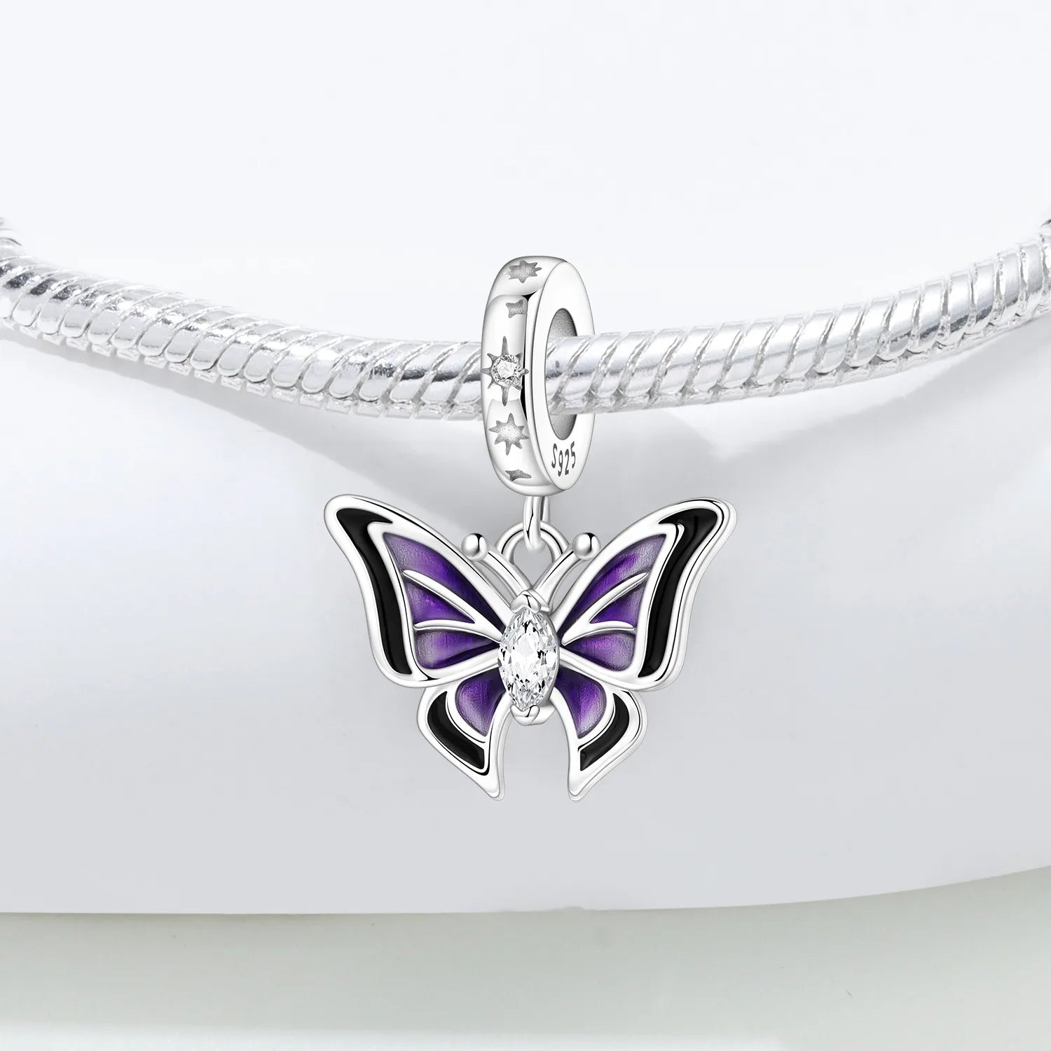 PANPOKI 925 Sterling Silver Purple Butterfly Insect Beads Original Pendants Bracelet Charm Jewelry Party DIY Trendy Gifts
