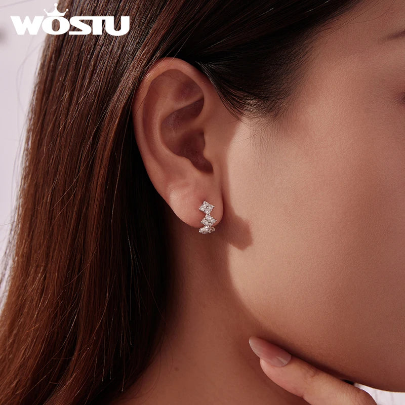 WOSTU Solid 925 Silver AAA CZ Four-Leaf Clover Huggies Earrings For Women, Full Zircon Wedding Engagement Hoop Earring Party G