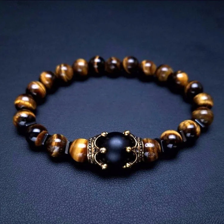 Fashionable Large Crown Tiger Eye Stone Bracelet Agate Matte Beaded Stylish Hand Chain Popular Jewelry Accessory