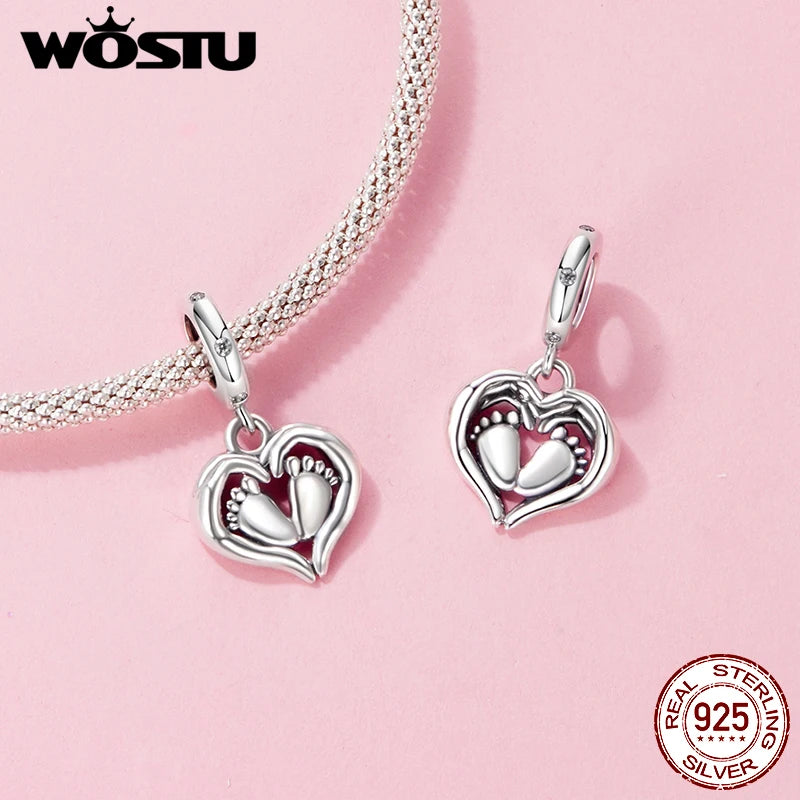 WOSTU Mother Day Gift 925 Sterling Silver Baby Foot Charm Letter Mom Love Beads Red Heart Pendant Fit DIY Bracelet Necklace