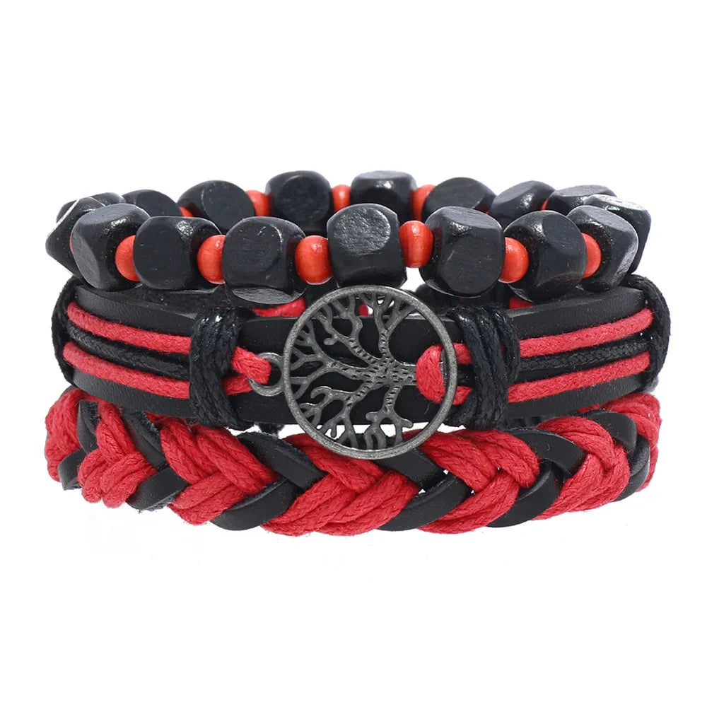 3Pcs/ Set Braided Wrap Leather Bracelets for Men Vintage Life Tree Rudder Charm Wood Beads Ethnic Tribal Wristband Rope Bracelet