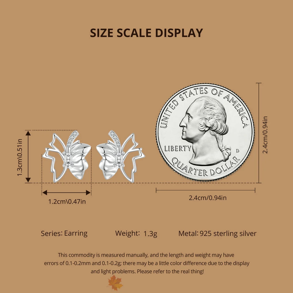 Boucles d'oreilles à tige en argent sterling 925 BISAER en forme de feuille d'automne et de papillon - Simple - Plaqué or blanc - Pour femme - Bijoux fins de fête