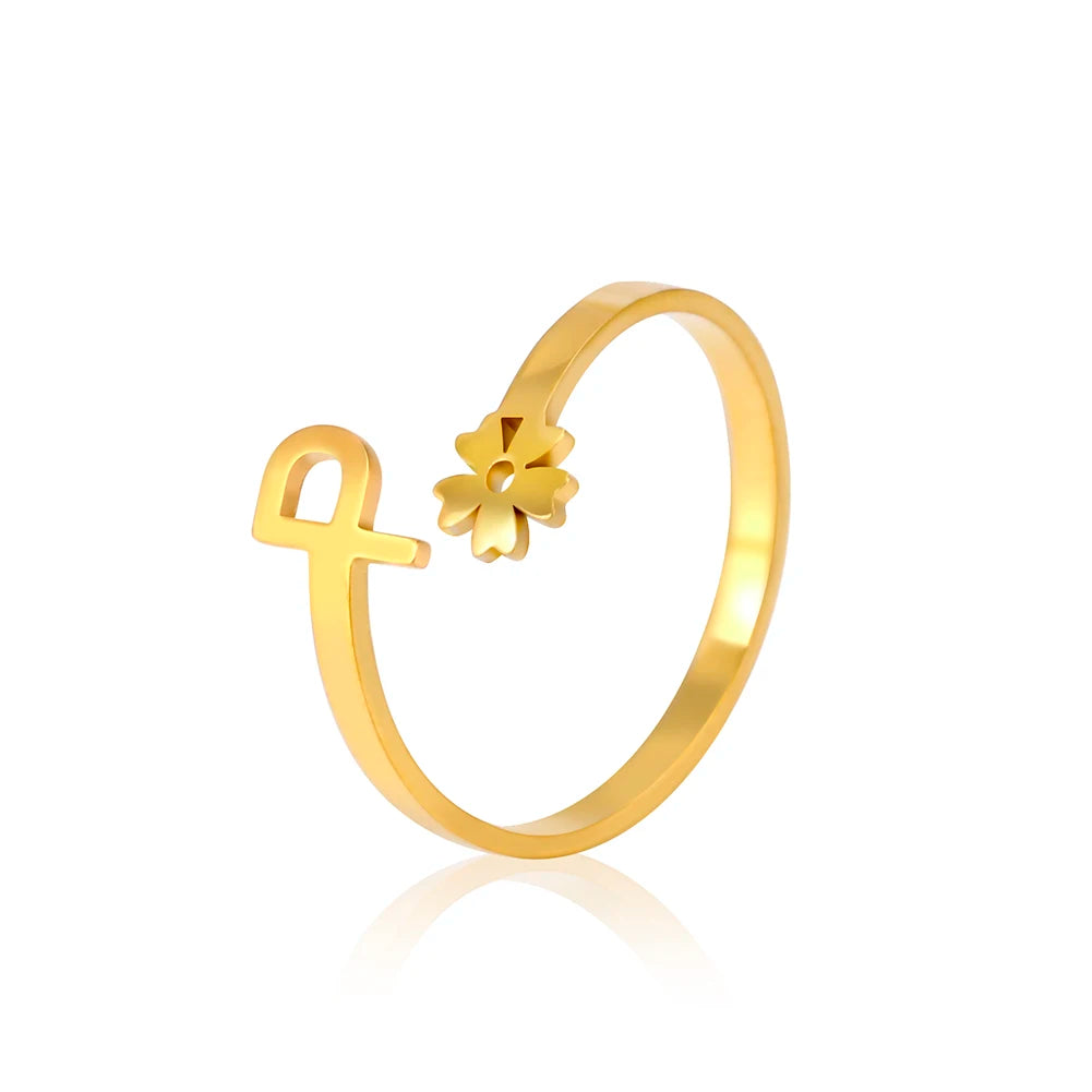 Stainless Steel Flower 26 Alphabet Open Ring for Women A-Z Initial Name Ring 2022 New Fashion Jewelry for Birthday Gift