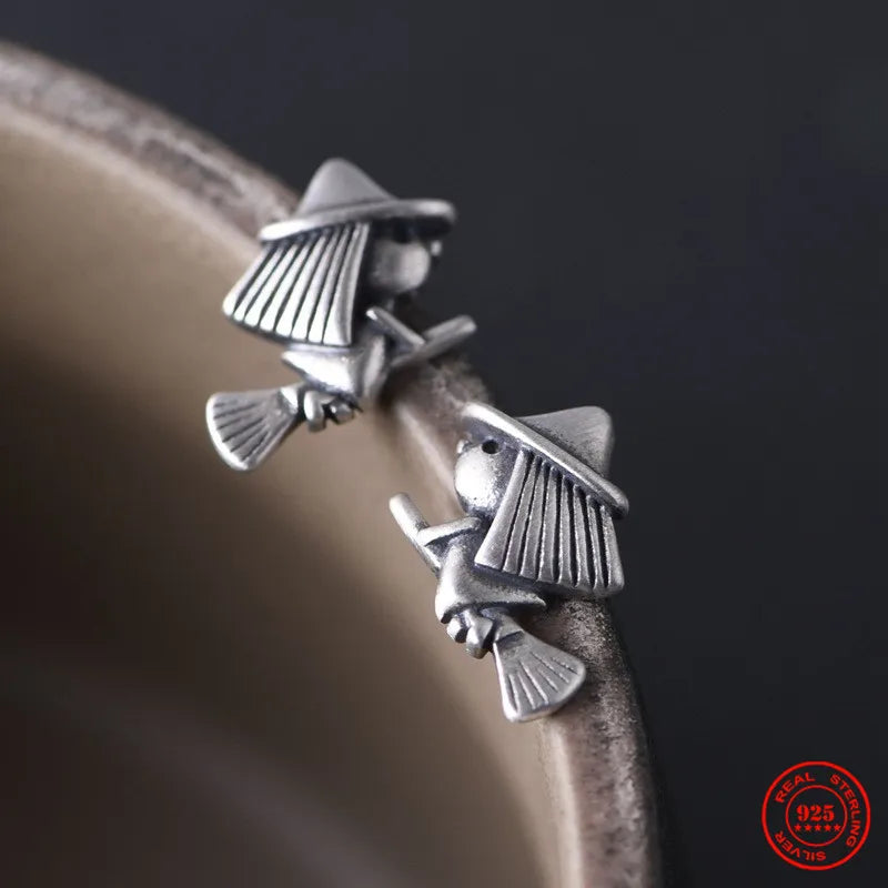 MKENDN Real 925 Sterling Silver Creative Retro Witch Stud Earring Trendy Street Punk Style Ear Pin for Men Women Fine Jewelry