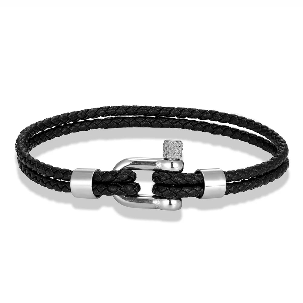 MKENDN Schwarzes Edelstahl-Schäkelarmband, schlichtes zweilagiges blaues Lederarmband für Damen und Herren, handgefertigter nautischer Schmuck