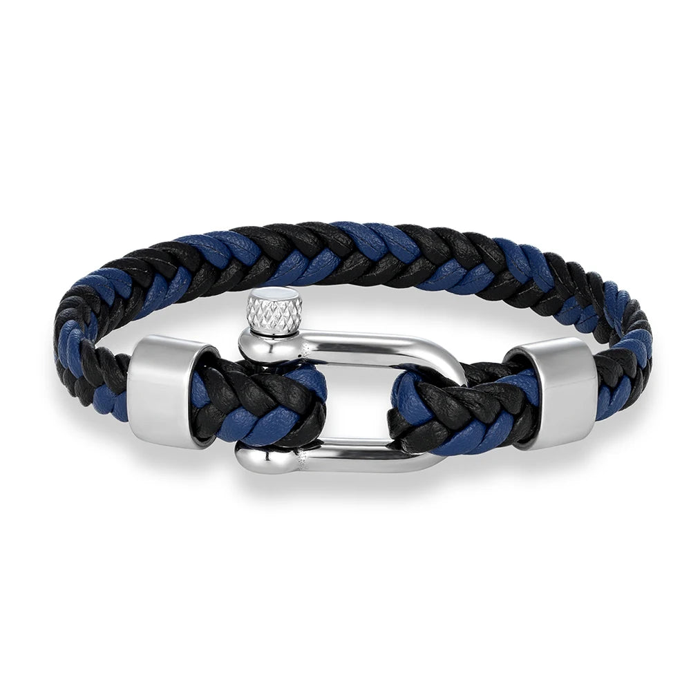 MKENDN Punk Men Braided Black Coffee Leather Bracelet Stainless Steel Shackle Buckle Bracelet Gifts Homme Pulsera