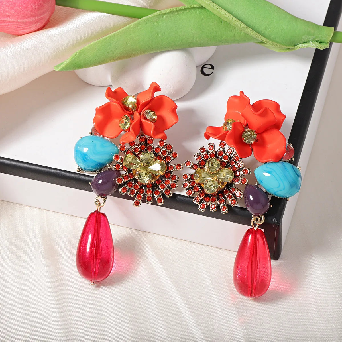 ZAA Personalized Trendy Resin Flower Water Drop Long Earrings