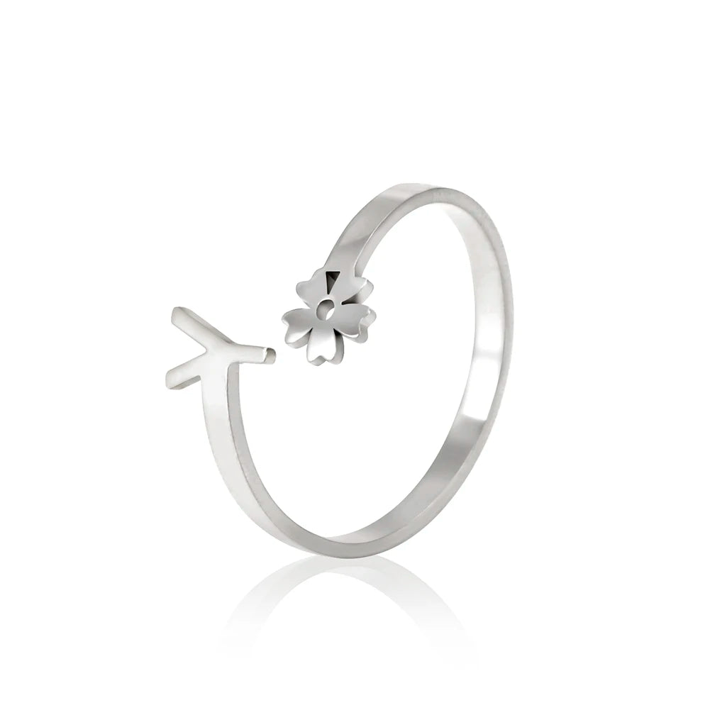 Stainless Steel Flower 26 Alphabet Open Ring for Women A-Z Initial Name Ring 2022 New Fashion Jewelry for Birthday Gift