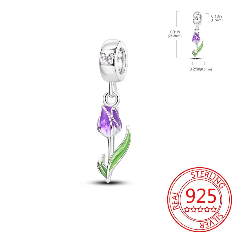 Real S925 Sterling Silver Colorful Hummingbird Flowers Charms Spring Series Beads Fit Original Bracelets DIY Jewelry for Women