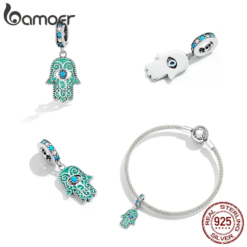 BAMOER 925 Sterling Silver Hand of Fatima Pendant Hamsa Hand Green Guard Hand Charm fit Original Bracelet Women DIY Fine Jewelry