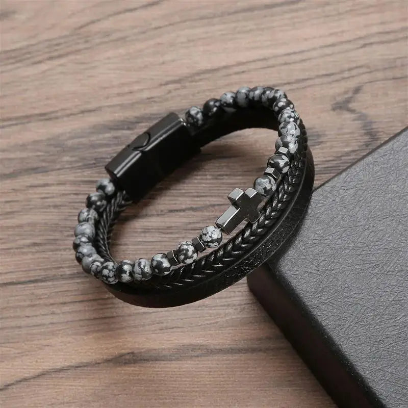 Fashion Cross Charm Mutilayer Leather Bracelet with Stainless Steel Clasp Men Punk Beaded Leather Bracelet For Men Jewelry Gift