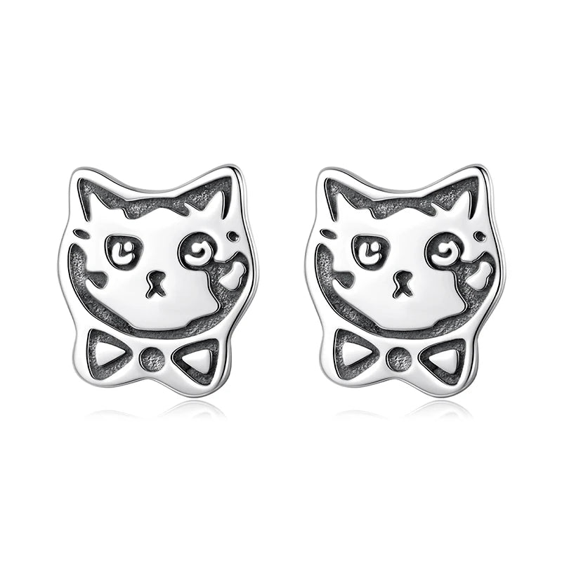 WOSTU Real 925 Sterling Silver Bowtie Cat Stud Earrings for Women Graffiti Cat Ear Studs Lovely Pet lover Faimly Jewelry Gift