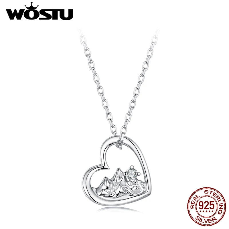 WOSTU Minimalist Mountain Heart Necklace S925 Sterling Silver, Geometric Love Pendant Romantic Jewelry Gift for Girlfriend New