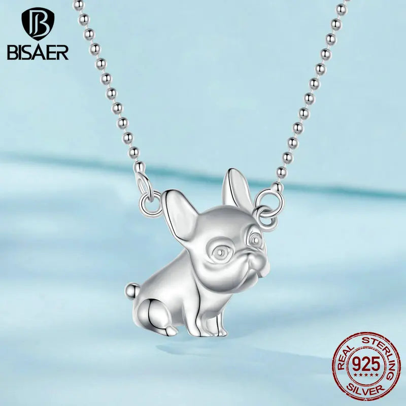 BISAER 925 Sterling Silver Cute French Bulldog Necklace Pet Dog Adjustable Chain Plated White Gold for Woman Party Fine Jewelry