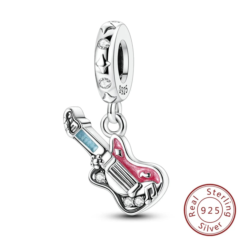 100% 925 Sterling Silver Guitar Rock Musical Note Carousal Headphones Charms Beads For Bracelet Necklace DIY Jewelry Accessories