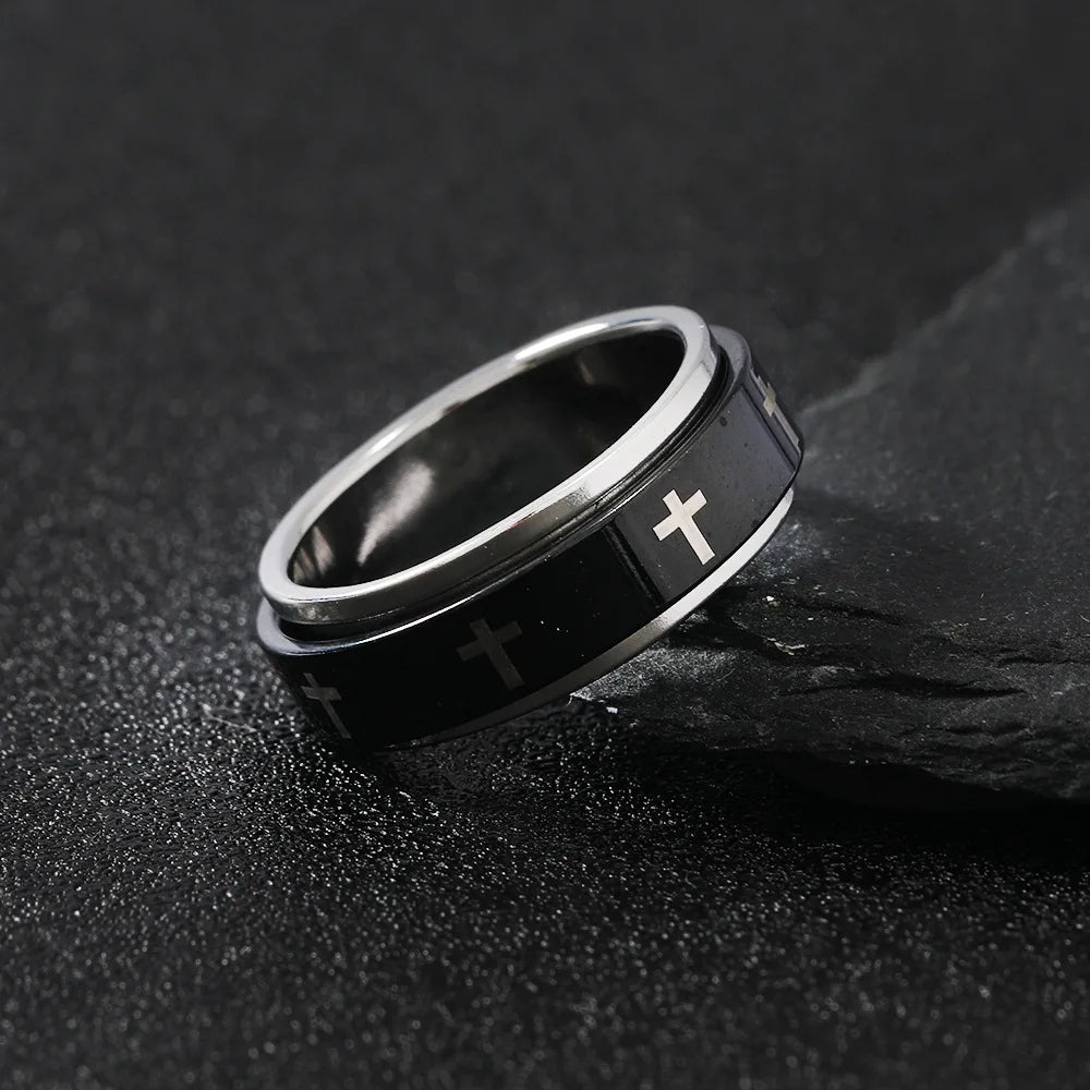 Rotatable Metal Cross Ring For Men Women White In Black Stainless Steel Ring Punk Gothic Accessories Christian Jewelry Gift