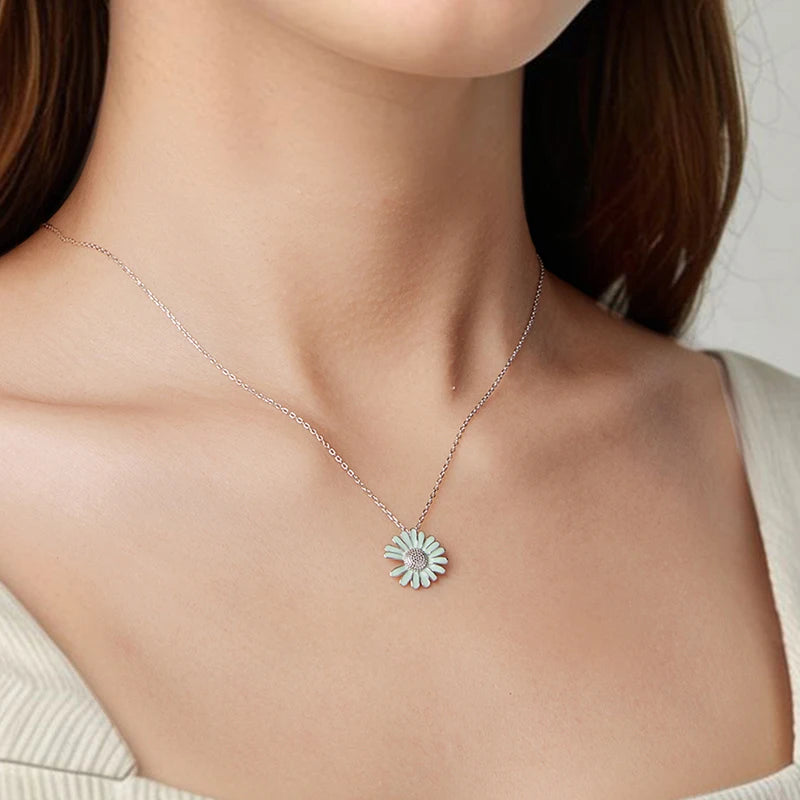 WOSTU Real 925 Sterling Silver Daisy Flower Necklace Gifts for Women, Green Enamel process Flower Pendant Party Xmas Jewelry New