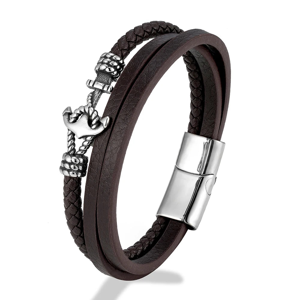 MKENDN Classic Anchor Bracelet Woven Multilayer Braided Leather Bracelet for Men & Women Stainless Steel Jewelry Gift for Him/He