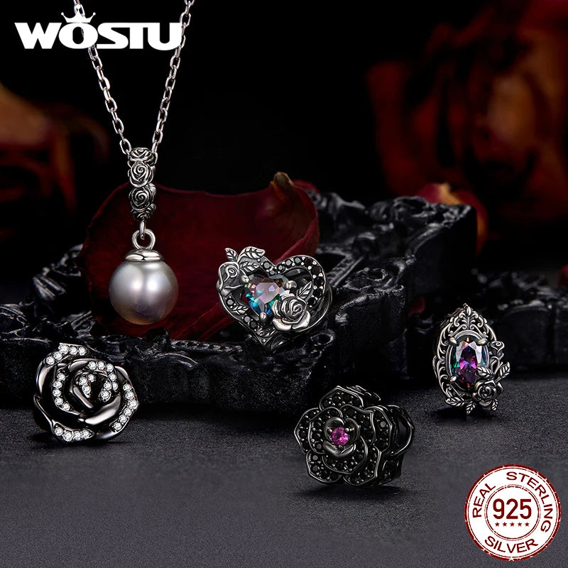 WOSTU 925 Sterling Silver Vintage Gothic Black Rose Flower Heart Beads, Retro Pearl Pendant Rainbow Charms Fit DIY Jewelry Make