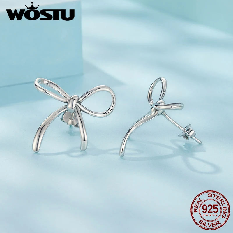 WOSTU Real 925 Sterling Silver Big Bow Stud Earrings For Women Wedding Party Jewelry Bowknot Ear Studs Girl Birthday Gift 18mm