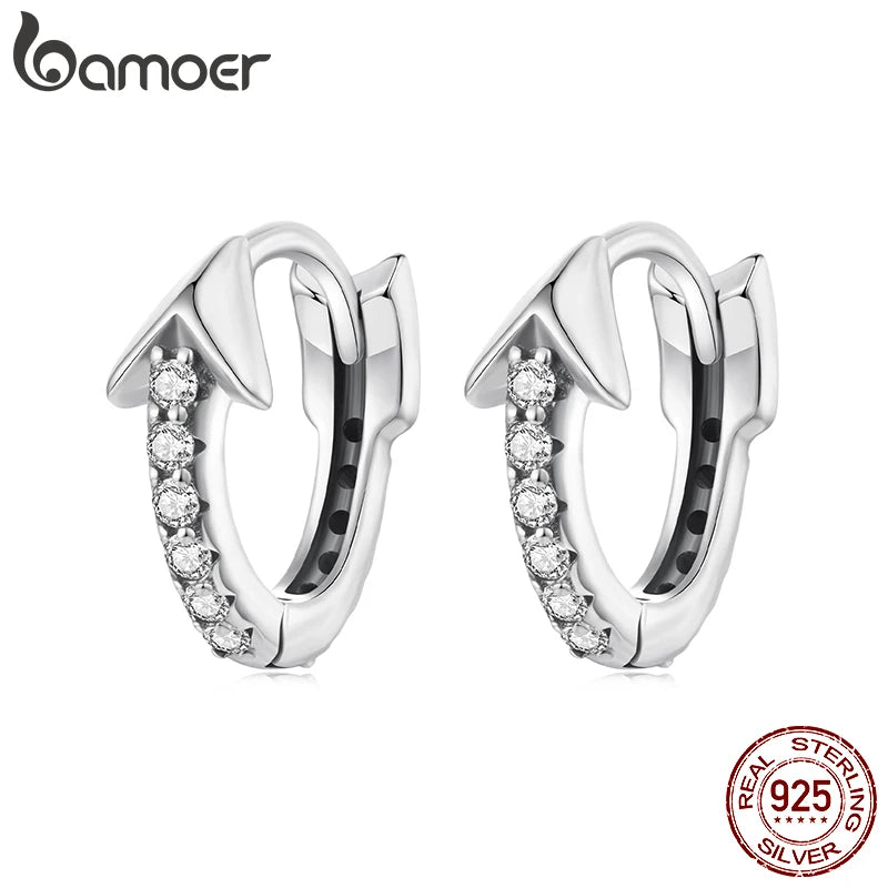 BAMOER 925 Sterling Silver Retro Arrow Hoop Earrings for Women, Oxidized Paved Zircon Huggies Earrings Original Jewelry Gift