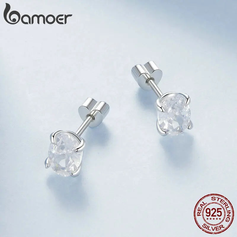 BAMOER 925 Sterling Silver Classic Sparkling Oval Solitaire CZ Stud Earrings for Women, White Gold Plated Hypoallergenic Earring