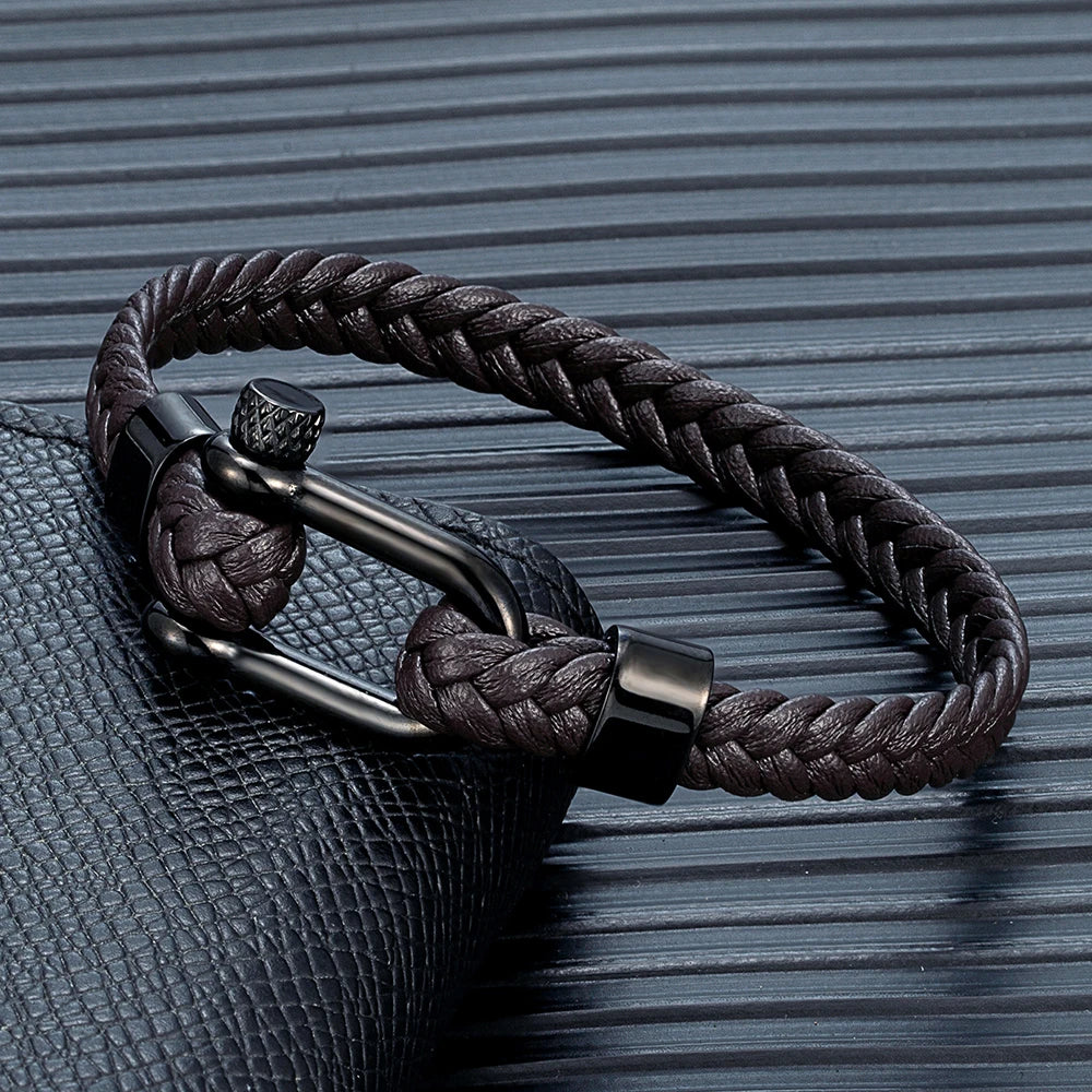 MKENDN Minimalist Nautical Style Braided Leather Bracelet Stainless Steel U-Shape Shackle Buckle Survival Jewelry For Men Women