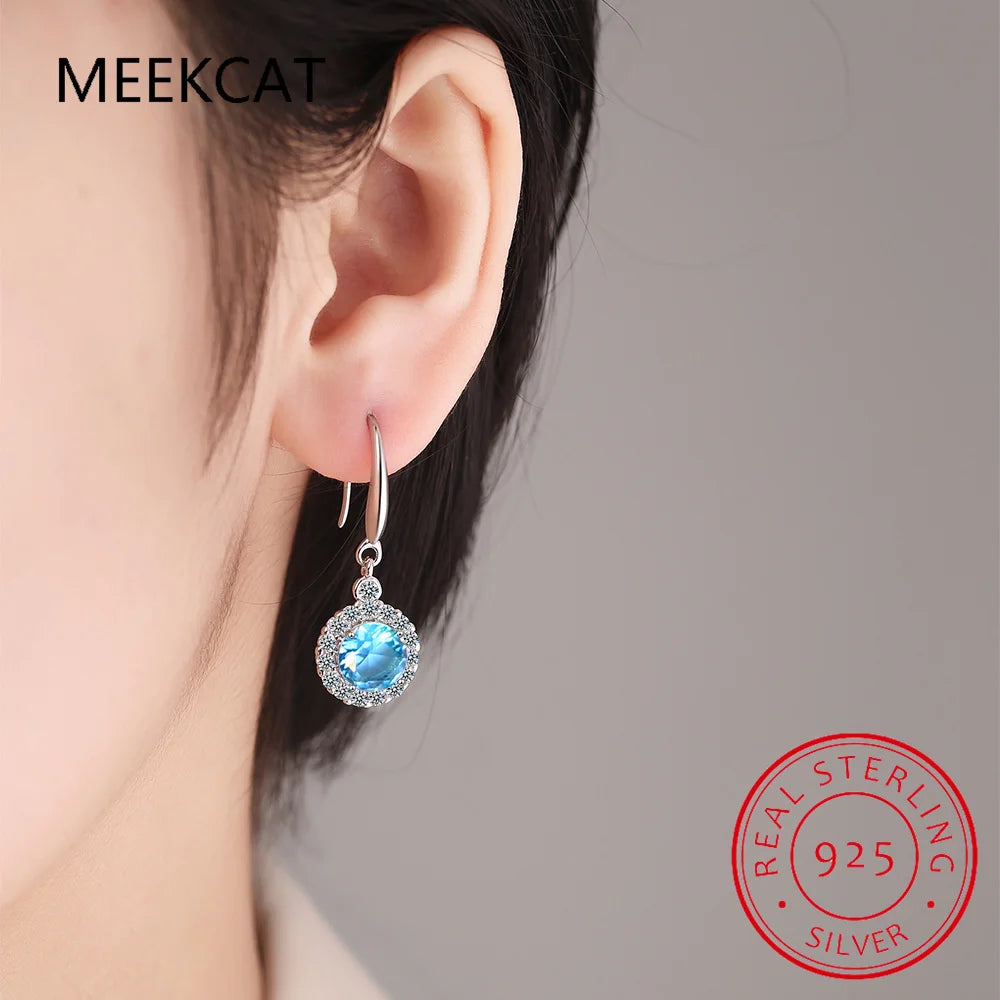 Round Genuine Red Garnet 925 Sterling Silver Drop Earrings for Women Fashion Engagement Jewelry Birthstone Brincos de Prata