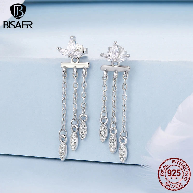 BISAER 925 Sterling Silver Flower Tassel Front-Back Stud Earrings  Hypoallergenic Plated White Gold for Women Party Fine Jewelry