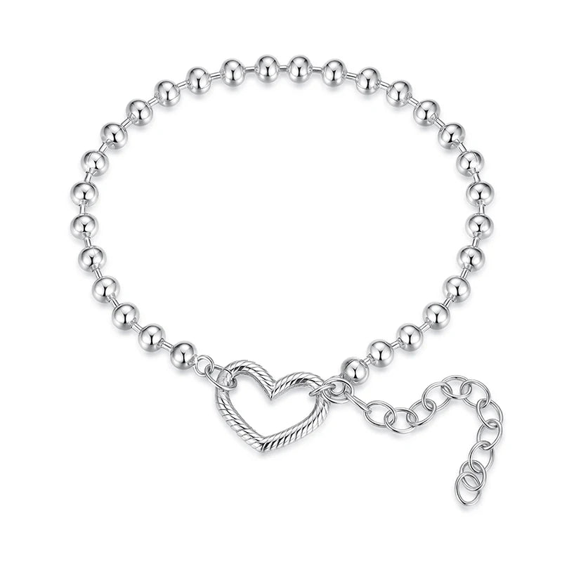 WOSTU Verstellbares Silberperlenarmband mit offenem Herzanhänger, schlichtes Armband aus 925er Sterlingsilber für Charms, Perlen und DIY-Schmuck