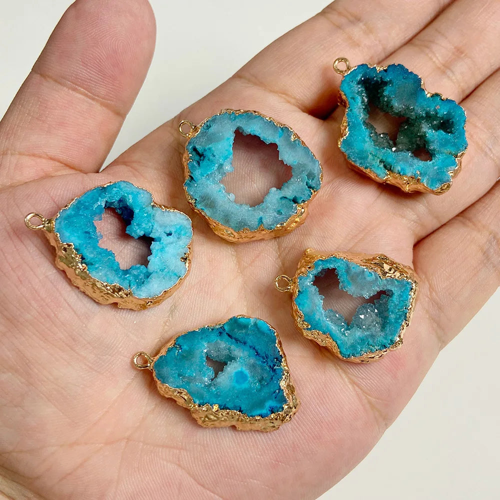 1 PCS Colorful Natural Quartz Geode Pendant Irregular Shape Gold Color Plated Agat Slice Charm Pendants For Jewelry Necklace DIY