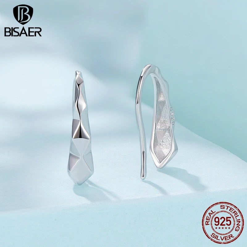 BISAER 925 Sterling Silver Heart Tassel Hook Earrings Metal Texture Earrings Hypoallergenic for Women Party Fine Jewelry Gift