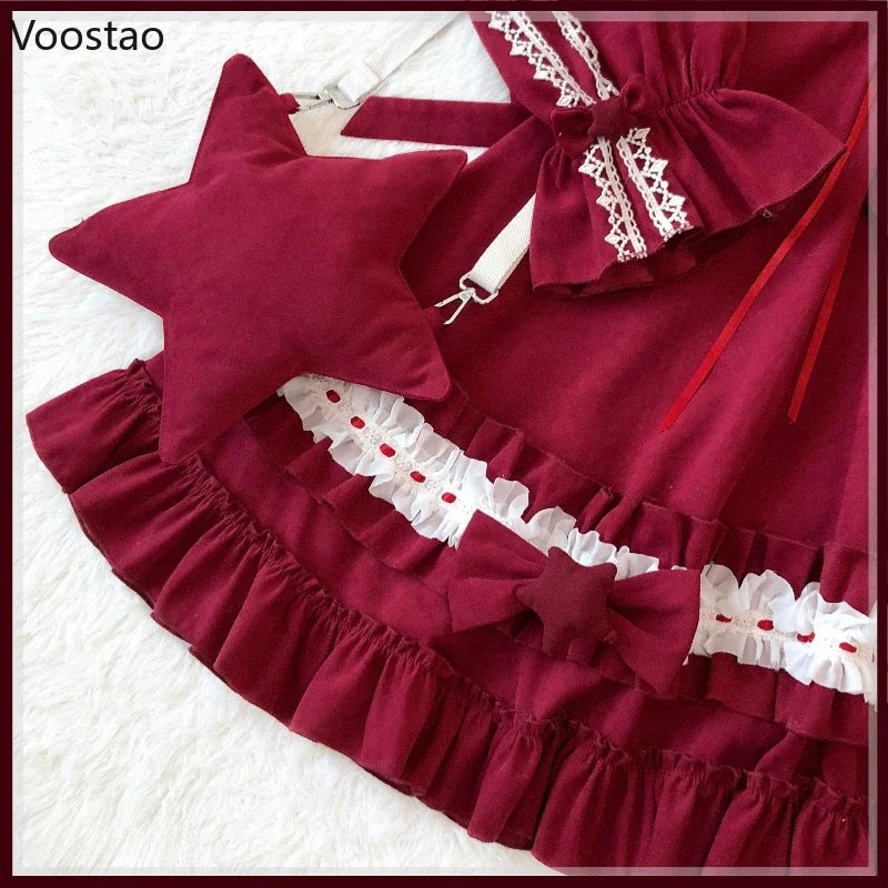 Original Japanese Sweet Lolita Op Dress Women Cute Little Star Ruffles Long Sleeve Princess Dress Female Kawaii Tea Party Dress