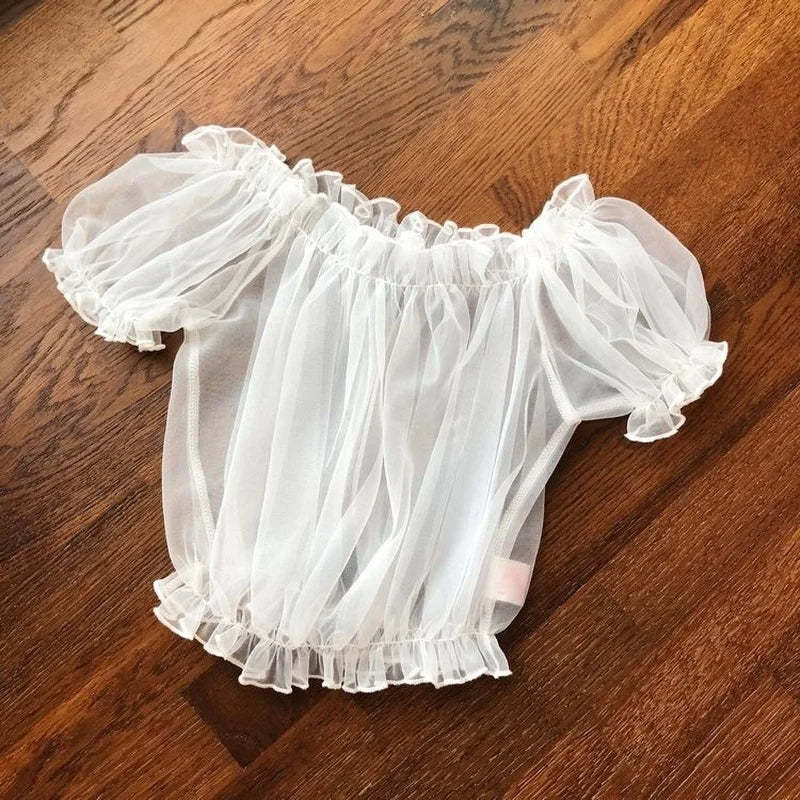 Summer Women Sweet Lolita Style Blouses Kawaii Slash Neck Ruffles Mesh Shirts Female Sexy Cute Short Puff Sleeve Blusas Mujer