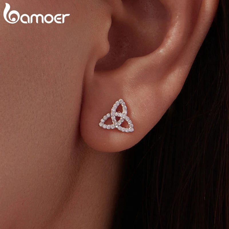 BAMOER 925 Sterling Silver Celtic Knot Stud Earrings, Full CZ Hollowed Piercing Earrings for Women Lover Xmas Promise Gift